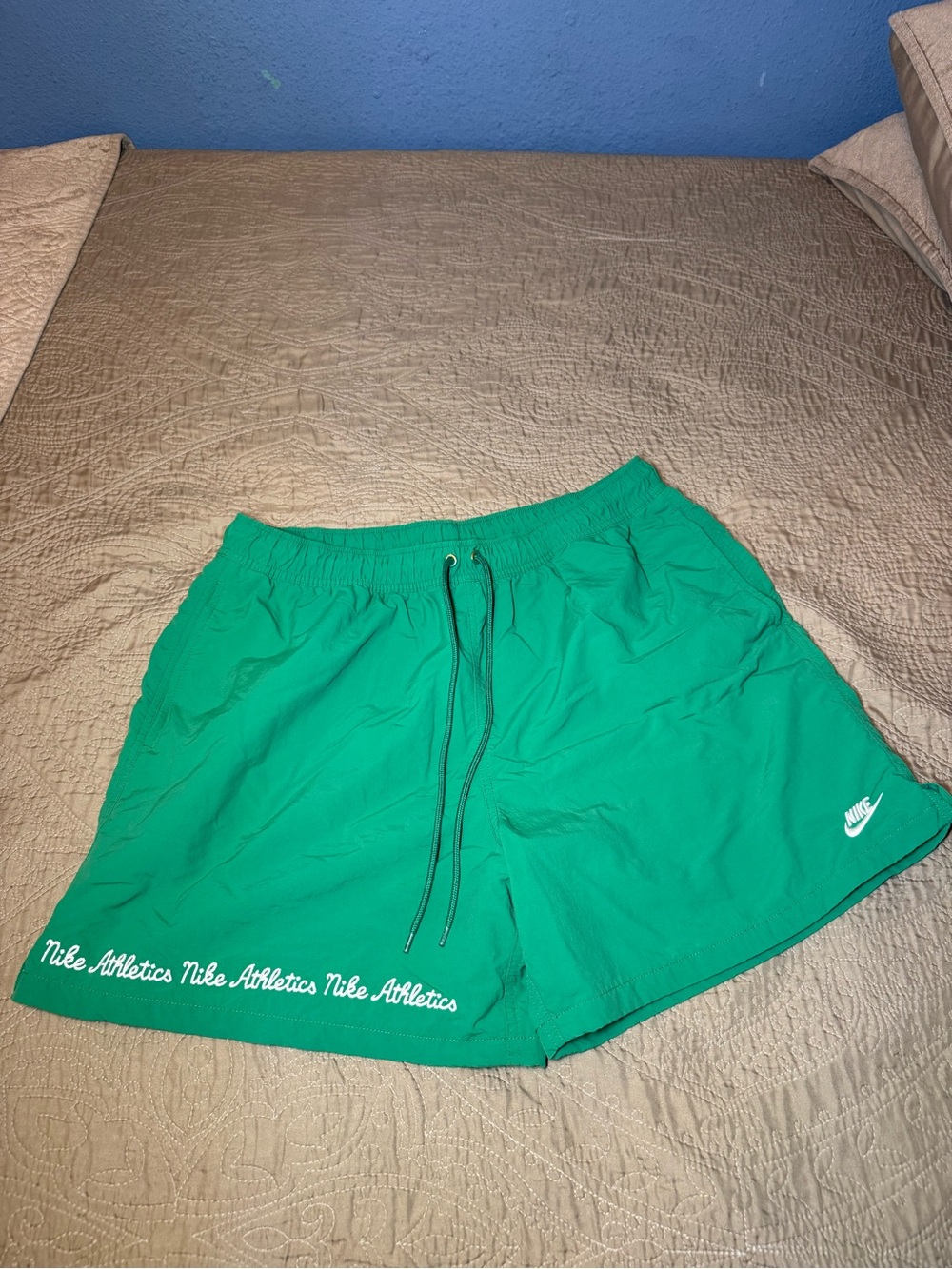 Nike Green Athletic Drawstring Shorts with Script Trim